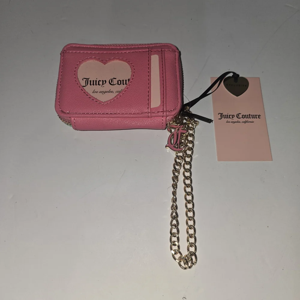 Juicy Couture Pink & Mint Green Mini Zip Wallet with Gold Chain Charm